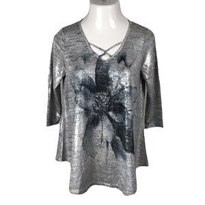 IMPULSE Women's Shirt Blouse ~ Sz S  ~ Gray ~ 3/4 Sleeve ~ Stretch